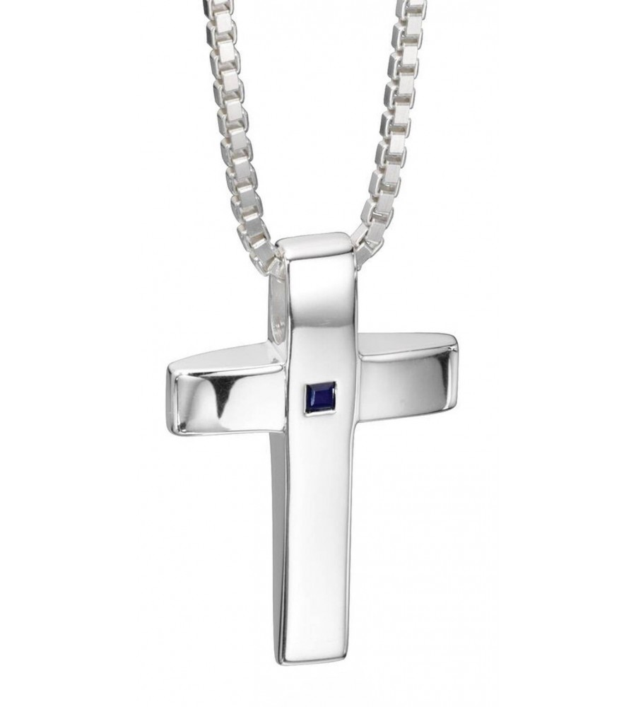 Mon-bijou - D4130 - Collier croix et saphir en argent 925/1000