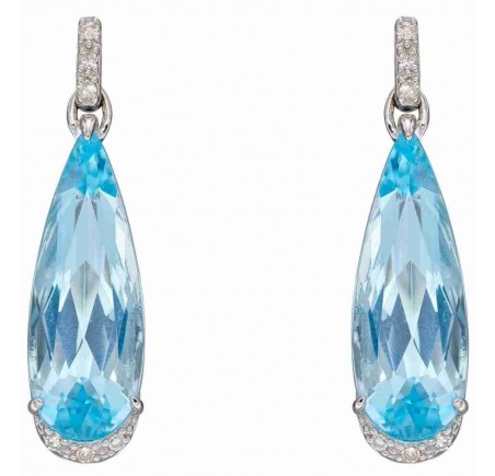 Mon-bijou - D2385 - Boucle d'oreille goutte topaze bleue et diament sur or blanc 375/1000