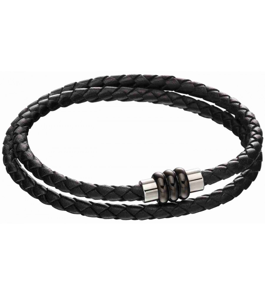 Mon-bijou - D5133 - Bracelet cuir noir en acier inoxydable